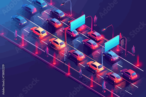 Night Highway Road Traffic Jam Flat Design with Car and People
