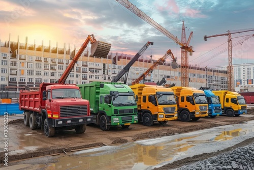 An array of vibrant, multi-colored trucks stands ready at an urban construction site with buildings and cranes in the background, depicting industry and progress