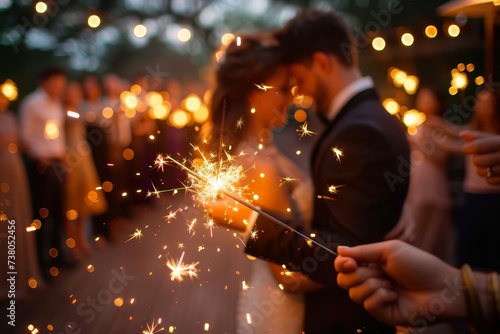 The focus is on the sparkling firework held by a hand against a blurred crowd of people in a party setting at dusk