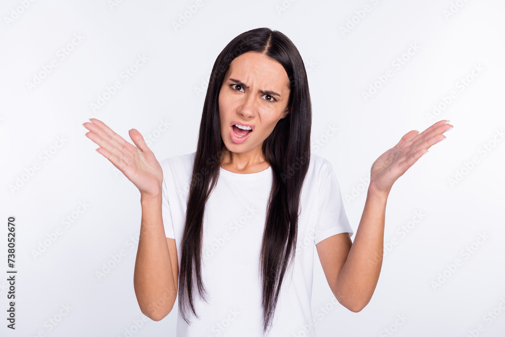Photo of young woman angry mad crazy unhappy yell blame offended problem isolated over white color background Photo of young woman angry mad crazy unhappy yell blame offended problem isolated over white color background