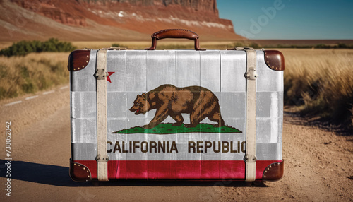 Vintage suitcase with California flag. Travel and tourism concept.