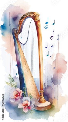 ornamental vector watercolor illustration of harp

