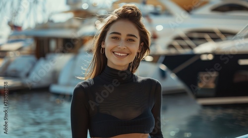 A beautiful young woman walks in blue low-waist jeans and a black cropped turtleneck along the street along the pier photo