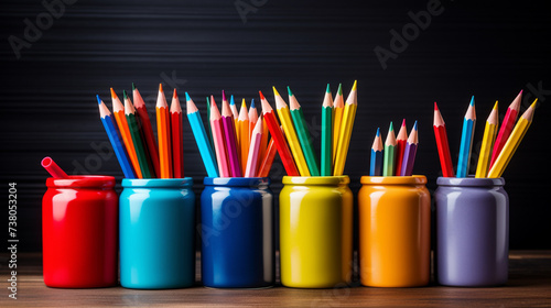 Colorful crayons in ceramic mug on wooden table. Dark background, horizontal banner