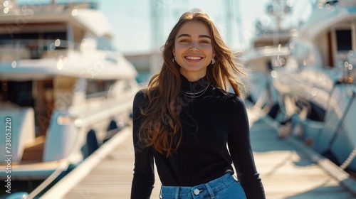 A beautiful young woman walks in blue low-waist jeans and a black cropped turtleneck along the street along the pier photo