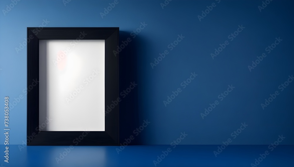 Empty picture frame. Empty Black Wooden Frame Hanging on Blue Wall. Minimalistic Frame with Copy Space for Mockup Presentations. Empty picture frame. Empty Black Wooden Frame Hanging on Blue Wall. Minimalistic Frame with Copy Space for Mockup Presentations.