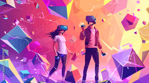 Couple Of Young Man and Woman Using Virtual Reality Glasses in Virtual Reality World Concept