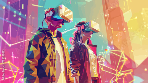 Couple Of Young Man and Woman Using Virtual Reality Glasses in Virtual Reality World Concept