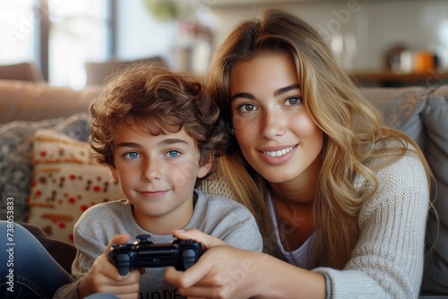 Joyful brother and sister having fun with video game controllers in a home environment