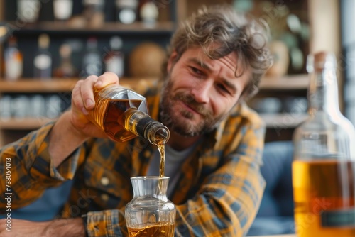 Cheerful man with a scruffy beard pours a glass of whiskey, with the bottle clearly in focus, symbolizing enjoyment and relaxation