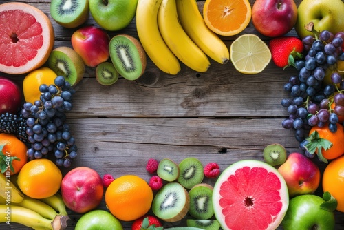 Juicy fruits  Top view of an assortment of various kinds of multicolored fresh juicy fruits