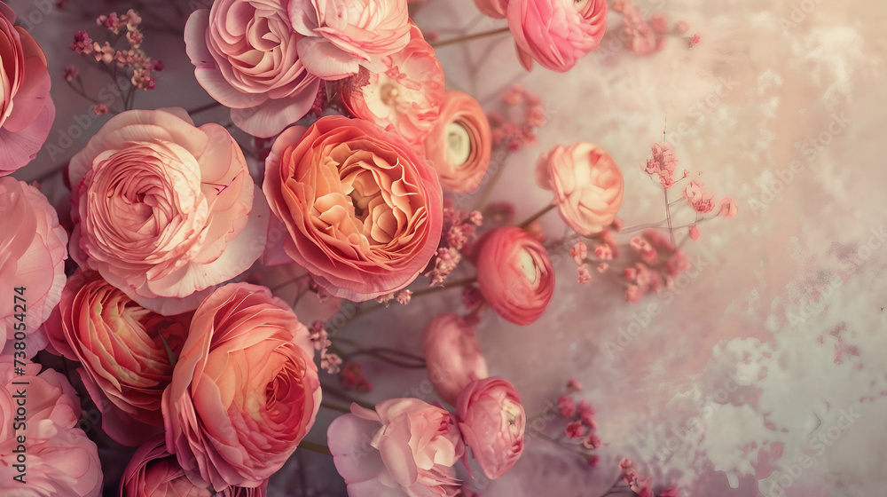 Vintage background with roses and ranunculus in muted tones - obrazy, fototapety, plakaty 