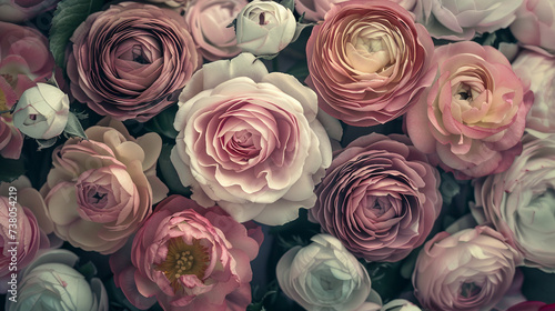 Vintage background with roses and ranunculus in muted tones