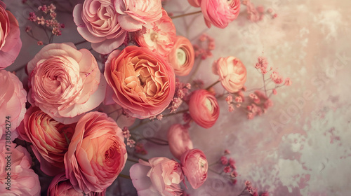 Vintage background with roses and ranunculus in muted tones photo