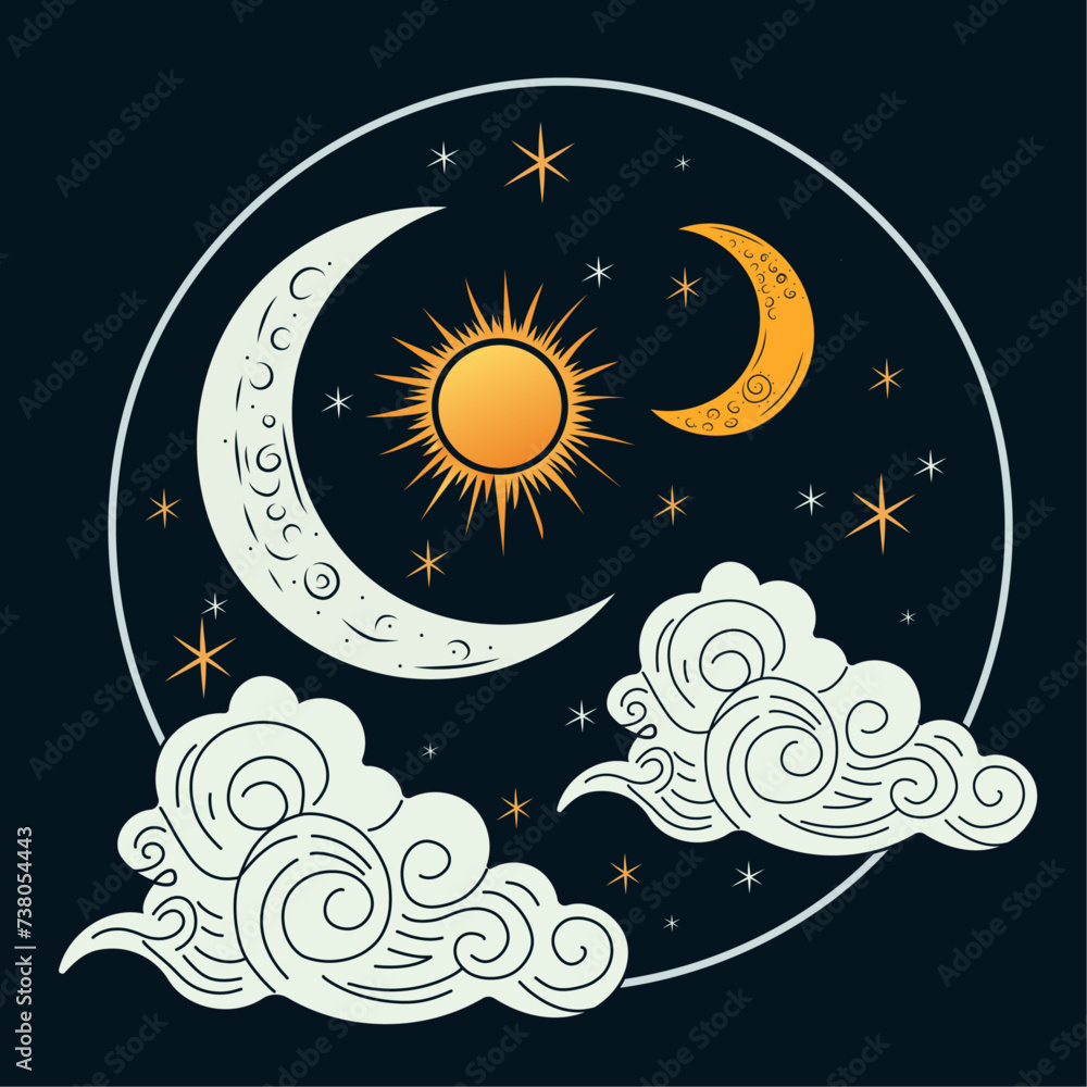 Naklejka premium Symbolic esoteric tarot illustration with golden sun, moon, clouds on starry sky. Tarot theme. For tarot cards, postcards, posters. 