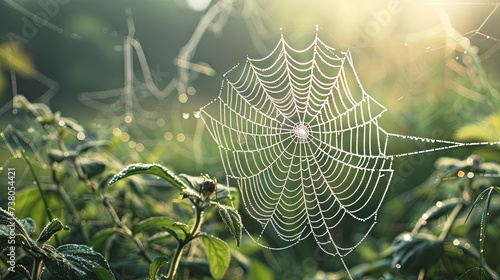 A detailed study of a spider web glistening with morning dew. 