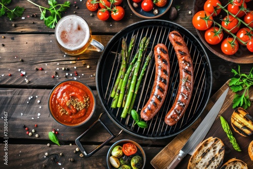 op view of a grill with asparagus and two German sausages surrounded by a bowl filled with curry, ketchup sauce, a German beer and vegetables 