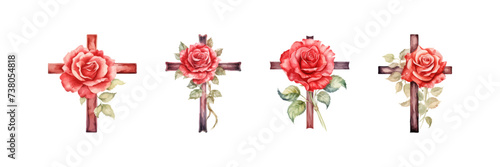 Wooden Christian cross and rose watercolor set. Vector isolated abstract graphic. #738054818
