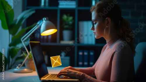 Blocking spam e-mail, warning pop-up for phishing mail, network security concept. Business woman working on laptop computer at home with warning window 