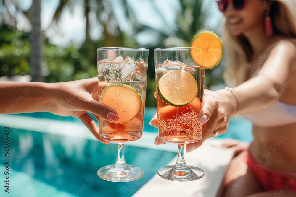Friends enjoy a moment together, clinking glasses of fizzy drinks against a pool backdrop Friends enjoy a moment together, clinking glasses of fizzy drinks against a pool backdrop