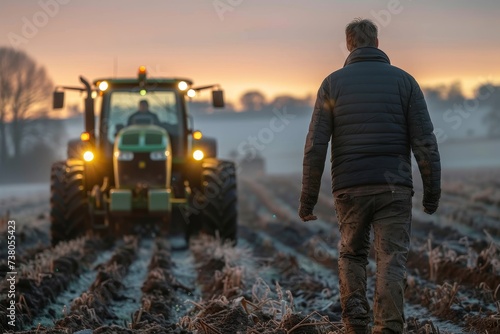 A farmer walks towards a modern tractor in a frost-covered field during early morning, showcasing rural life and agriculture photo