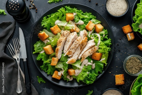 Top view of a fresh homemade chicken salad on a black plate