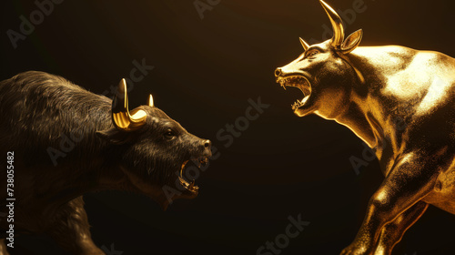bull and bear financial infograhic stock market chart award in gold and black color with copyspace area as wide banner photo