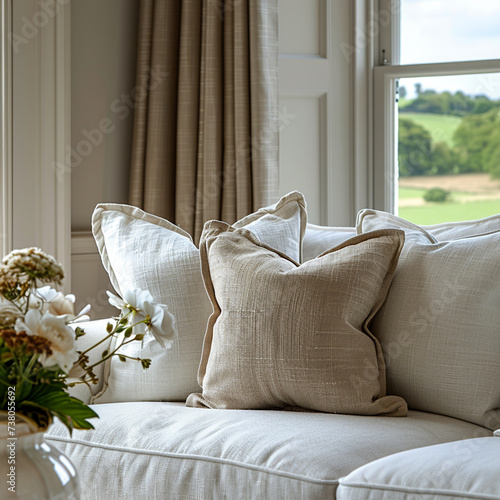 Close up of white fabric sofa with beige linen pillow near window