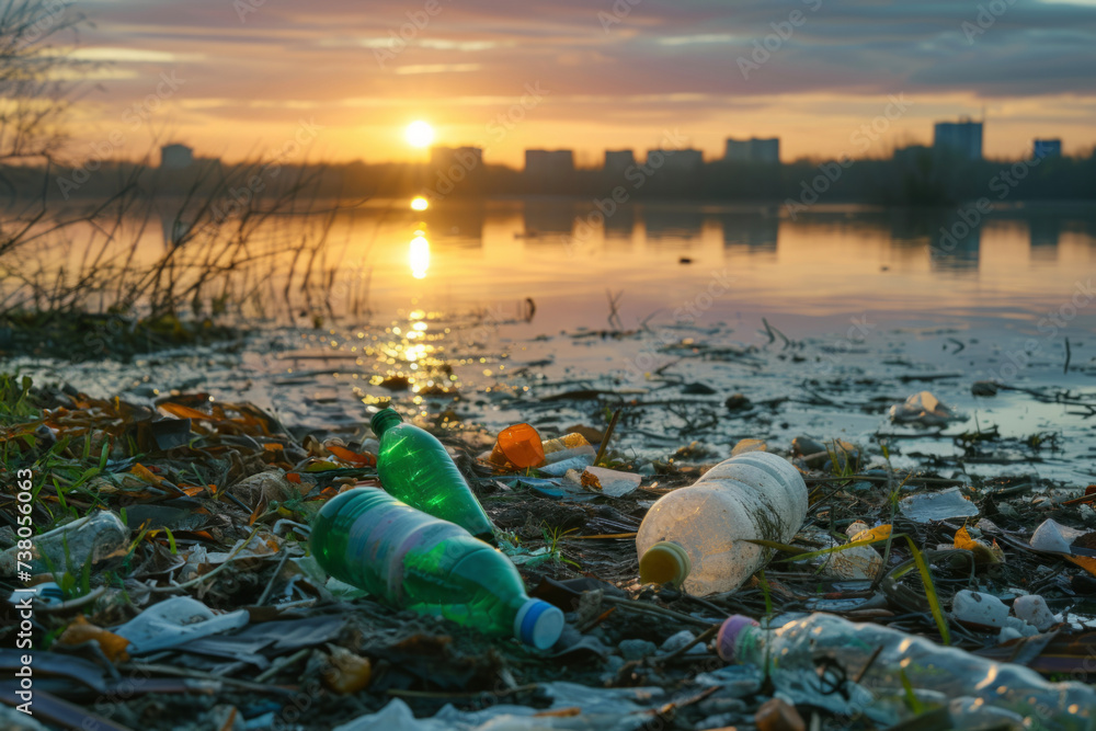Obraz premium Plastic trash on the river bank against sunset background