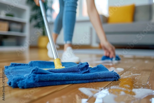 Shallow focus on the process of cleaning a shiny wooden floor with a wet mop and blue cloth with visible soap suds photo
