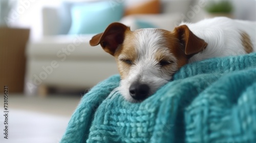 Young dog jack russell terrier sleeping on turquoise knitted plaid on the parquet floor of living room in a sunny day.