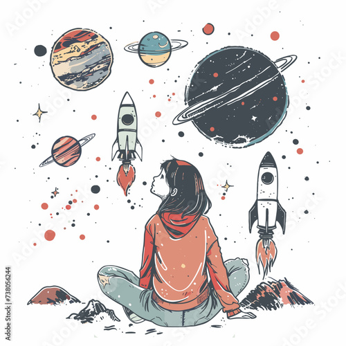 Girl in space next to planets and rocket