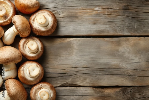 Top view of a various Cremini mushrooms on a rustic wooden table