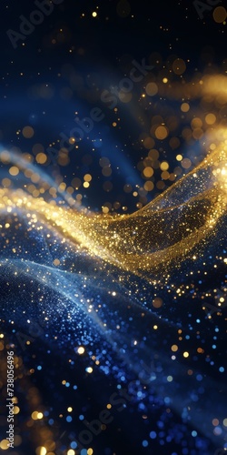 blue abstract background with small shiny golden sparks floating in the air.