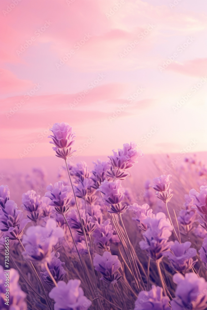 Obraz premium Lavender flowers against a beautiful pink sunset background