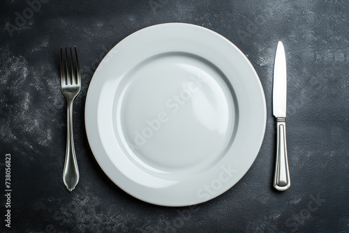 Top view of a white plate with a fork at the left side and a table knife at the right side on a dark grey backdrop. 