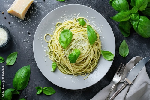 Top view of a white plate with spaghetti, pesto sauce and parmesan cheese surrounded by basil leaves, a silver fork and a napkin on a dark grey backdrop. 