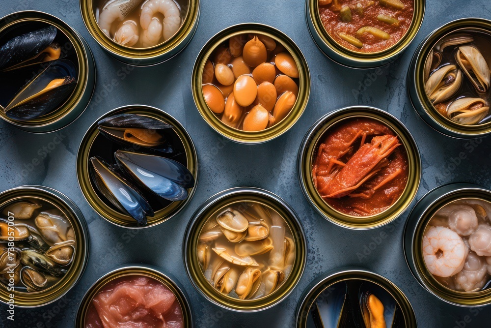 Top view of an assortment of canned food against a gray blueish backdrop. Top view of an assortment of canned food against a gray blueish backdrop.