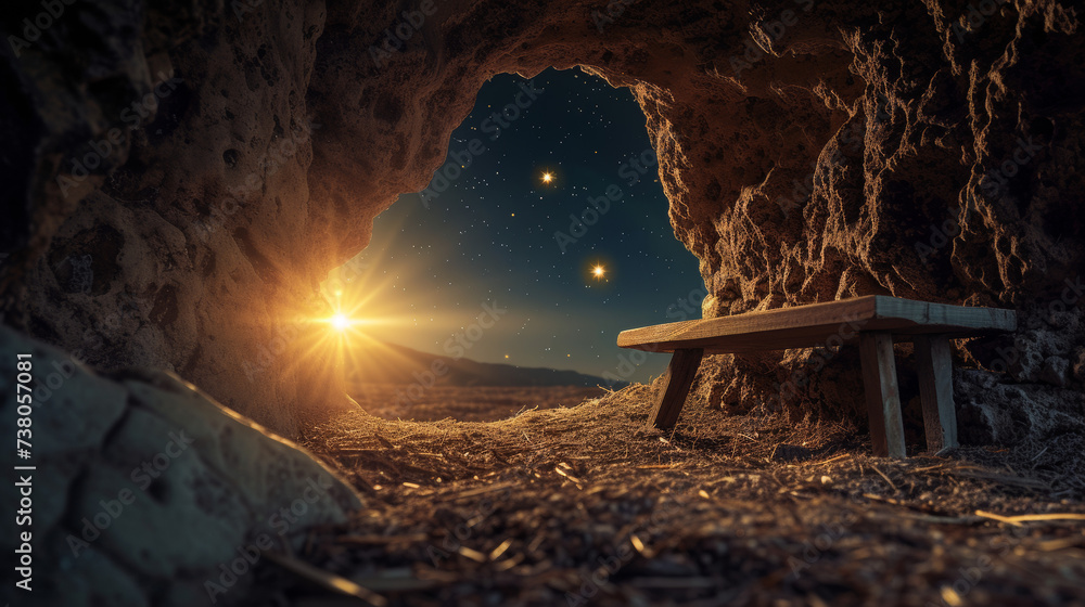 Christian Christmas scene with empty wooden manger, star of Bethlehem ...