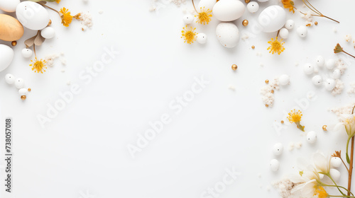 Minimalistyczne jasne tło na życzenia Wielkanocne. Alleluja - Wesołych świąt Wielkiej Nocy. Jajka, kwiaty i inne wiosenne dekoracje. © yeseyes9