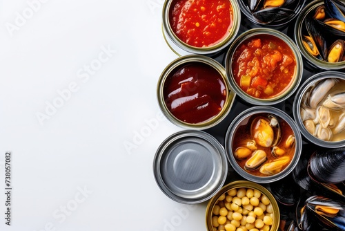 Top view of an assortment of canned food. 