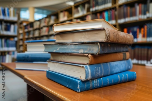 A stack of hardcover books with weathered spines sits on a wooden table in a library, indicative of learning and education