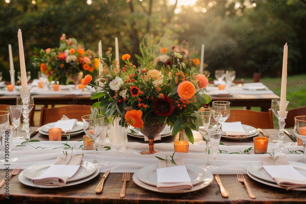 Intimate and cozy outdoor dinner table beautifully set under the golden light of sunset with flowers and candles
