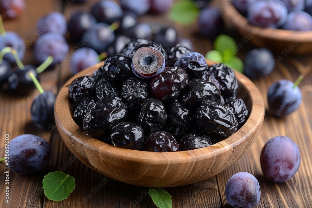 A vibrant close-up of fresh, juicy purple plums piled in a wooden bowl, capturing the sheen and texture A vibrant close-up of fresh, juicy purple plums piled in a wooden bowl, capturing the sheen and texture