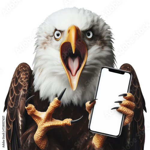 American Bald Eagle Holding Smartphone - A digital art representation of a majestic eagle clutching a smartphone. The eagle's expression is one of surprise or alarm, providing a humorous take on wildl photo