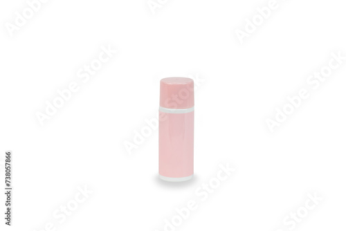 Cosmetic pink bottles isolated on white background with clipping path. Cosmetic products.