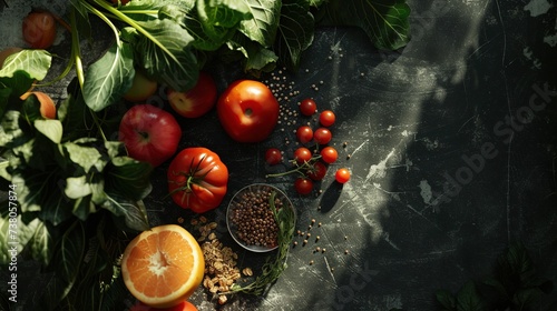 Clean healthy food: fruits, vegetables, seeds, superfoods, cereals, leafy vegetables on black concrete background.