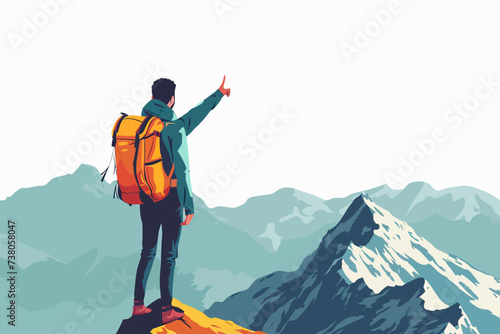 Mountain Hiker on Top Flat Illustration