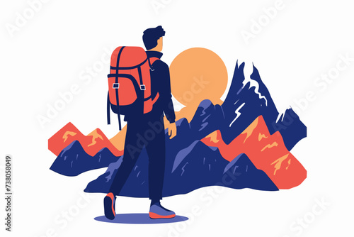 Mountain Hiker on Top Flat Illustration