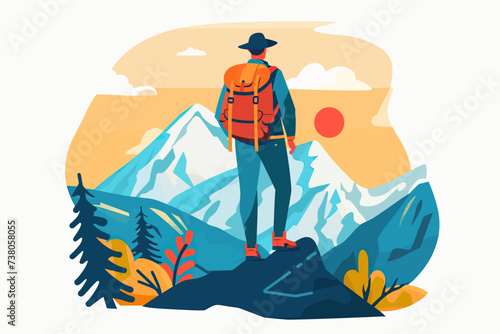 Mountain Hiker on Top Flat Illustration